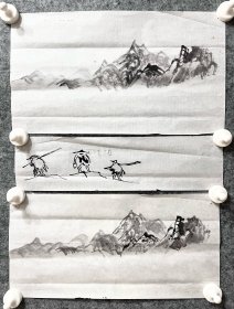 周少峰先生手绘书画作品 风景人物小画片3张（无款）35x17cm 34.5x9cm