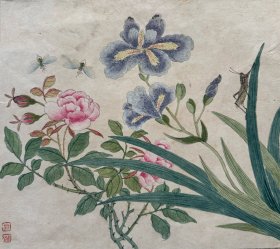 翁小海设色国画花卉草虫托片。翁雒 （1790-1849），字穆仲，号小海，江苏吴江人。中年后专攻花鸟、草虫、水族，尝被秦祖永评曰：“草虫水族最不易写，小海笔精墨妙，生动尽致，可称能手”。