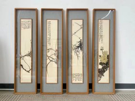 一套，唐宏宾老师作品，梅兰竹菊，搭配柚木原木画框，框中框设计、135*35cm*4