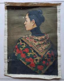 1992年中国油画展封面作品佚名人物肖像油画"花披肩"5339