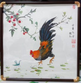 公鸡，大吉图，半工笔半写意画法，真人真迹纯手绘作品，陕西省美协赵艳红老师的原创大作，本人承诺假一赔十，支持第三方鉴定。老师的大公鸡和蚂蚱创作兼工带写，画的很灵动，惟妙惟肖。                                                                      尺寸：50x50公分，家里客厅，卧室，书房，中堂，玄关餐厅都可悬挂！带一个实木框的价格。