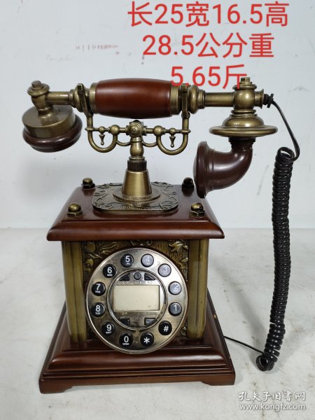 民国时期，木头坐镶嵌铜老电话机，正常使用，全品尺寸如图，包老保真