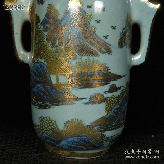 宋汝瓷崇宁元年清凉寺御制青釉加彩描金山水纹双耳盘口瓶