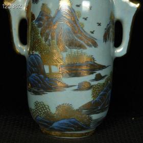 宋汝瓷崇宁元年清凉寺御制青釉加彩描金山水纹双耳盘口瓶