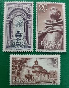 西班牙邮票 1976年修道院 建筑 祭坛 雕塑 3全新