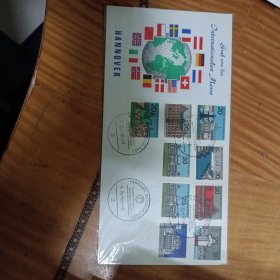 1965年汉诺威博览会纪念封一枚，贴柏林夜景邮票一套9枚，盖纪念邮戳，长条官方封，非常漂亮，本店邮品满25元包邮。本店还在孔网开“韶州邮社”