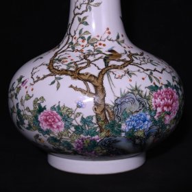 旧藏 清雍正粉彩花鸟纹扁肚瓶 高29.5×22厘米
