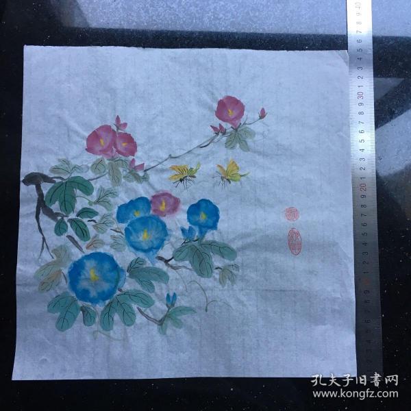 喇叭花与蝴蝶扇面画