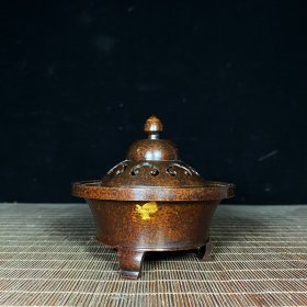 纯铜苏工点金三足镂空如意熏香炉，高10.5厘米，长11厘米，重588