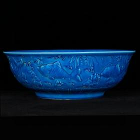 明弘治孔雀蓝釉雕刻鱼藻纹碗
高10       直径30