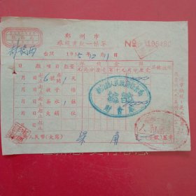 1955年12月11日，住宿费，郑州市旅栈统一账单，郑州市旅栈业人和昌旅社，老字号，新郑县粮食局。（生日票据，宾馆住宿类票据）。（61-7）