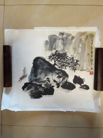 山水画国画水墨字画书画作品斗方有章款无题百分百纯手绘《山水》