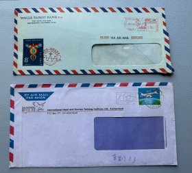 航空实寄封2个，一个贴J69邮票1枚，另一个贴瑞士邮票1枚，品相好，详见图片。满30包邮。