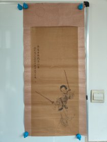 清代画家改琦，绢本工笔人物画一件，可能是老手绘画，也可能是木板水印，或者珂罗版（水平有限无法分辨)，几十年前旧镜心装裱，下部装裱脱落遗失， 画心尺寸70x31厘米，包老