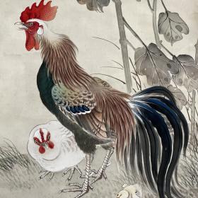 日本近代南画巨匠泷和亭高足，佐藤紫烟作品，阖家全庆，大吉图，罕见向日葵形象，雄鸡引吭，绢本绫裱，略有水渍，骨质轴头，带木盒，画心130*40.7。010