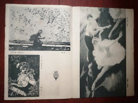彩色美术作品插页（单张）油画：李醒涛、梁照堂《试飞曲》，徐匡木刻《大江之源》，阿鸽木刻《琴声》，肖峰、宋韧《进上海》，尹毅《祝愿》，张绍城《潜海姑娘》，姚元祥《探索》