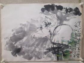 北京著名画家许麟庐国画《荷塘图》一幅，尺寸70x45厘米，自然旧，有少许黄斑，品相不错，保真！