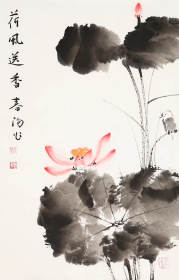 霍春阳 字画国画二尺竖幅花鸟带合影(自鉴)