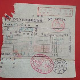 1954年8月16日，住宿费，私营企业收益佣金收据，竹林旅馆，沈阳市人民政府税务局（生日票据，旅馆住宿类发票）。（24-5）