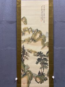 石川正庸（淡水），清末民国画家，青绿矿彩山水《云山闲趣图》骨质轴头