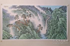 保真书画，广东名家，广东岭南美术院画家，云浮画院副秘书长，李国开六尺整纸山水画《云山清流》96×181cm，纸本托片，带作者合影。