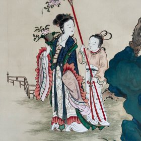 精品，田能村直入长孙田能村小篁作品，西王母蟠桃祝寿图，绢本绫裱，檀木轴头带木盒，画心109.7*40.9。盒159