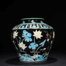 明永乐黑地珐华彩鹭莲纹罐 30*30厘米