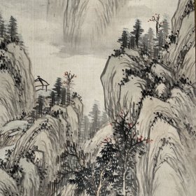 日本长崎派画家，木下逸云弟子，川村雨谷作品，1898年作，浅绛山水图，绢本绫裱，檀木轴头带原盒，画心112*28。盒209