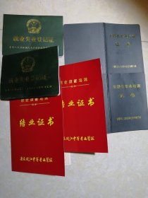 【收藏杂项 证书 】“ 皖江中等专业学校”（校址在望江县）六个证书合售 (就业失业登记证、职业培训证书、职业技能结业证书各二本 6个人的)