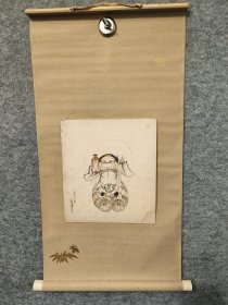 大黑天的笑，日本回流精品色卡色纸 ，纸本，纵27Cm横24Cm。纯手绘品，竹叶节节高裬裱，纵68cm横36.5Cm，白轴全，非常亲人的一尊。 (编号F220)  