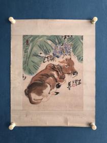 中国著名画家-邵京生彩墨小品1幅.卧牛。
