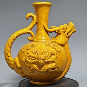 宋：辽黄釉盘龙型执壸摆件：尺寸28x22.8厘米