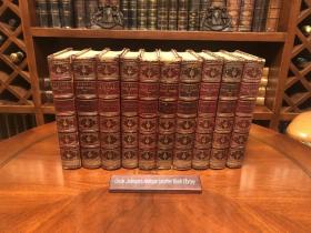 《司各特散文集》Prose Works of Scott 
1834版全套10册，酒红色3/4真皮装帧，大理石云纹书口，带精美章纹藏书票。小开本。