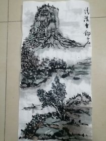 手绘国画山水清溪垂钓