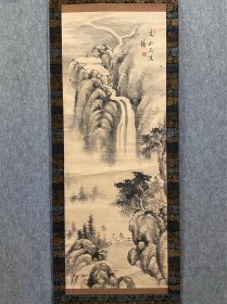 古笔高士观瀑图【吉田公均】 
1803 - 1875（享和三~明治八）73岁。名平吉， 字君平，号栖霞、江上渔者、广均，通称丹下、喜十郎越 中（今富山县）人。先后问业山胁东晖、贯名海屋，兼工 山水、花鸟、人物°