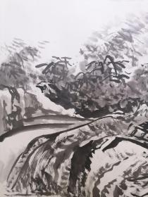 张大石头六尺山水 “云起满天诗” 纯手绘 手工裱镜片…G