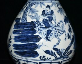 元白浒孤窑青花萧何追韩信人物故事纹玉壶春瓶【 44.7x26cm 】