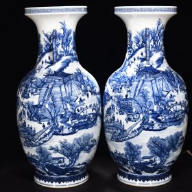 清乾隆青花清明上河图双耳瓶 高81.5厘米宽41.5