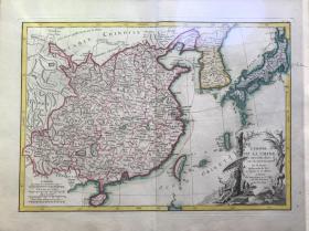 1770年，里奇 赞诺尼（Rizzi Zannoni）《中国地图》，原品铜版雕刻，加厚防酸纸，手工上色，40x53cm ，品相极佳。