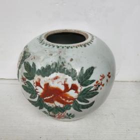 清代晚期手绘牡丹粉彩瓷罐西瓜瓷坛古董瓷器摆饰花瓶