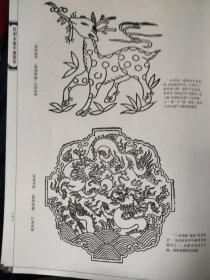 散页美术资料（印刷品）———中国传统民间木板年画图形——鹿衔仙草，双龙戏珠，麒麟，狮子（版刻绣稿）【江苏苏州】2089