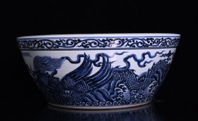 明宣德青花海水翼龙纹缸，高17×42.6厘米