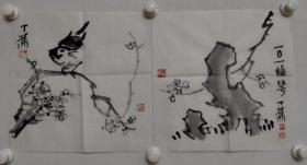 保真书画，丁蕉国画两幅，纸本画心尺寸：34.5*34 ，尺寸 34.5*34