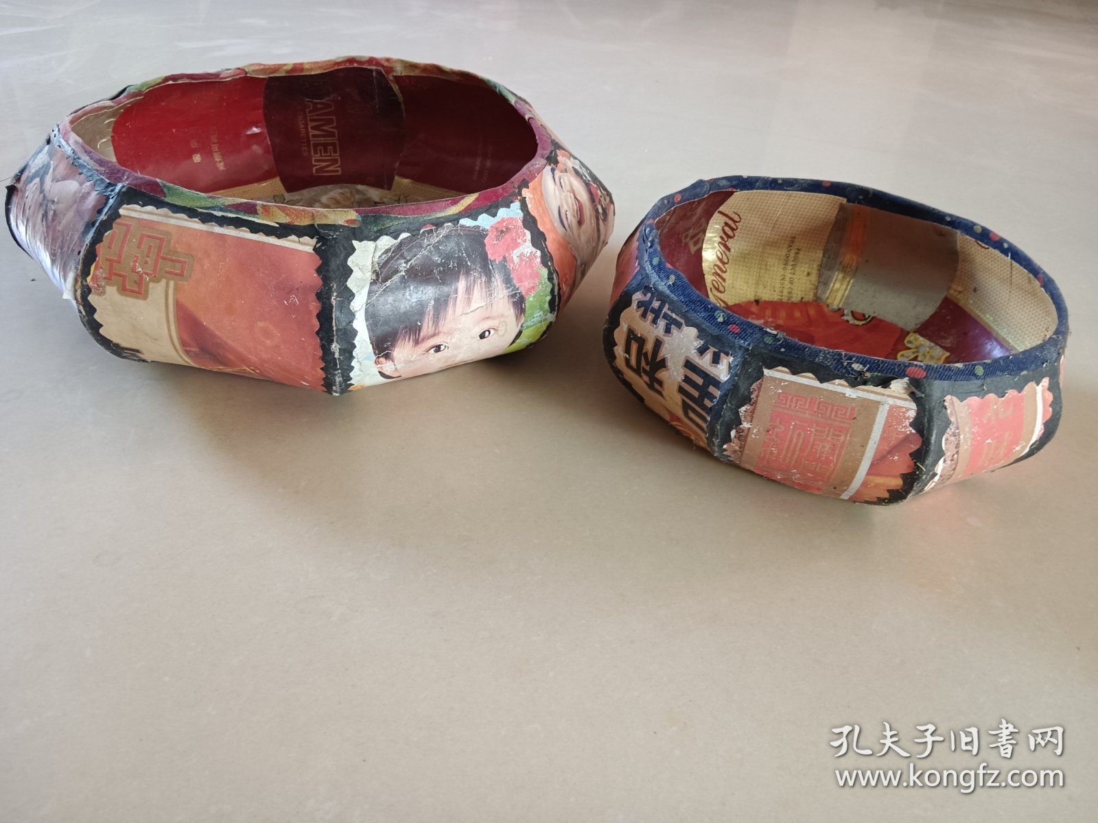 手工纸糊老针线盒 两个一起价格 直径23 17
