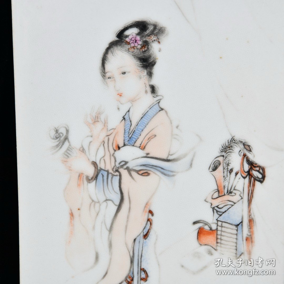 民国骆虎牛羊绘粉彩仕女图瓷板画 高39.6宽18.2厘米2