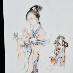 民国骆虎牛羊绘粉彩仕女图瓷板画 高39.6宽18.2厘米2