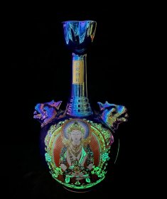 宋定窑彩绘唐卡纹夜光瓶，高28.5×17厘米