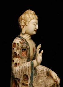 （议价） 唐汉白玉彩绘大佛雕刻石窟楼阁高106cm宽77cm厚50cm