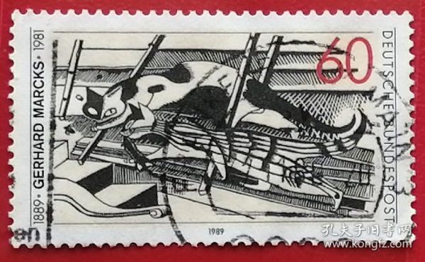 联邦德国邮票 西德 1989年 雕刻家版画家马克斯诞辰100周年 阁楼里的猫 1全信销 德国象征主义画家和雕塑家，他是19世纪象征主义和20世纪超现实主义运动之间乘前启后的重要代表人物。第22369号小行星是以他的名字命名的。是个具有世纪末颓唐倾向的艺术家。在他生前和死后，人们对他的评价褒贬不一，直到今天，美术史家对他的评价意见仍有分歧。