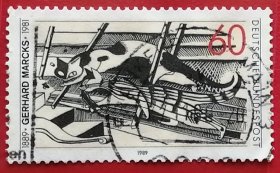 联邦德国邮票 西德 1989年 雕刻家版画家马克斯诞辰100周年 阁楼里的猫 1全信销 德国象征主义画家和雕塑家，他是19世纪象征主义和20世纪超现实主义运动之间乘前启后的重要代表人物。第22369号小行星是以他的名字命名的。是个具有世纪末颓唐倾向的艺术家。在他生前和死后，人们对他的评价褒贬不一，直到今天，美术史家对他的评价意见仍有分歧。